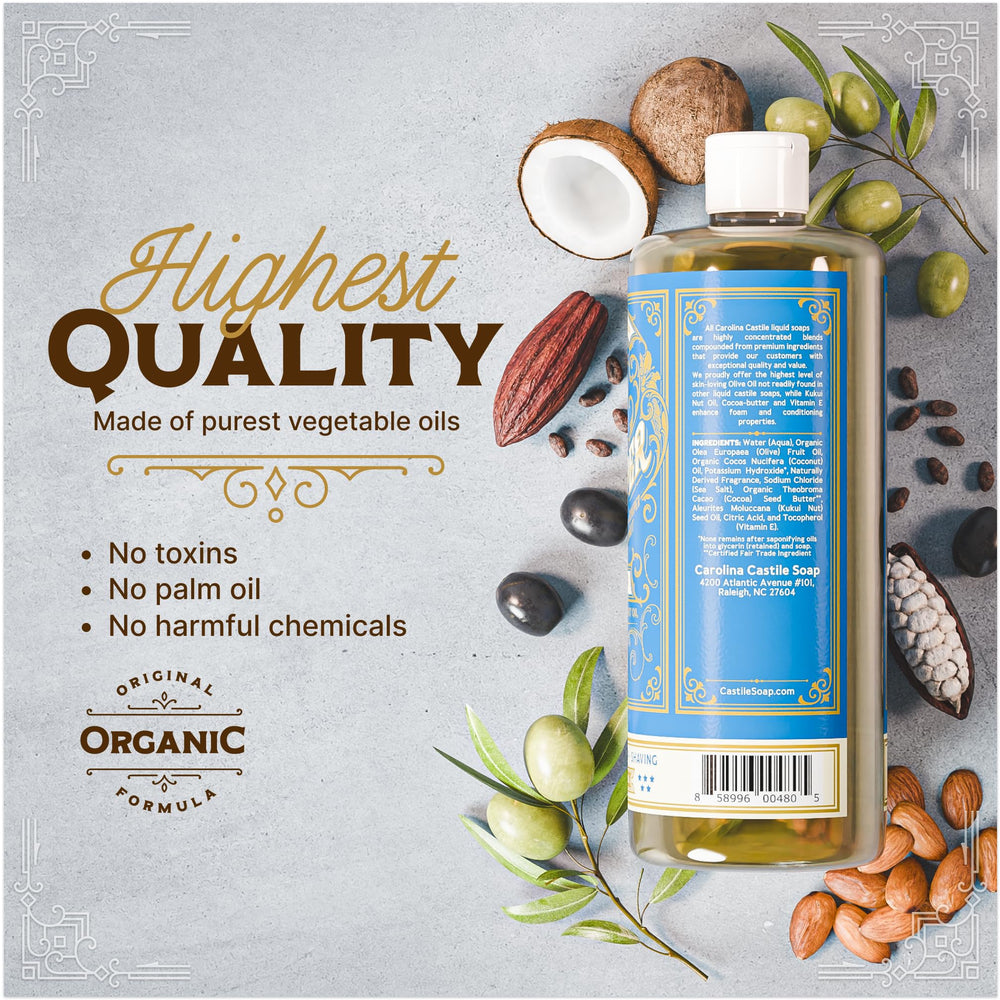 Carolina Castile Soap Organic base label – certified organic, paraben-free, dye-free.