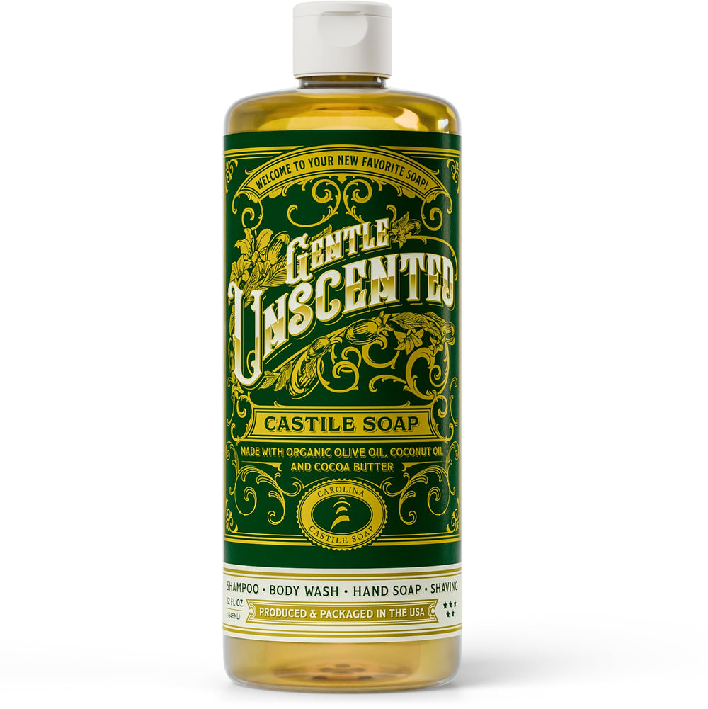 Carolina Castile Soap Unscented bottle shows fragrance-free, gentle daily cleanser for sensitive skin.