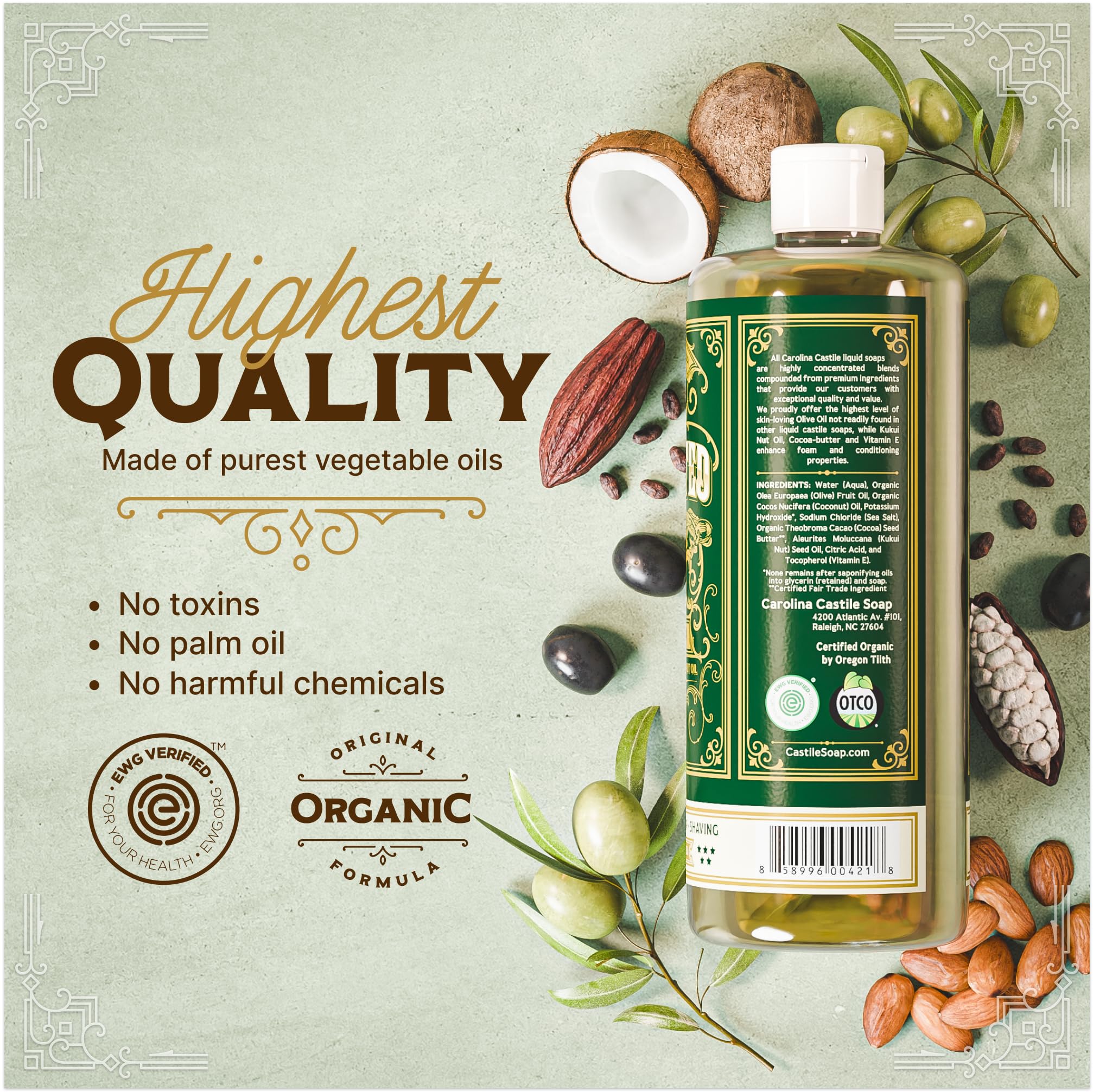Carolina Castile Soap Unscented creamy-lather emphasizes rich, non-drying foam for skin and hair.
