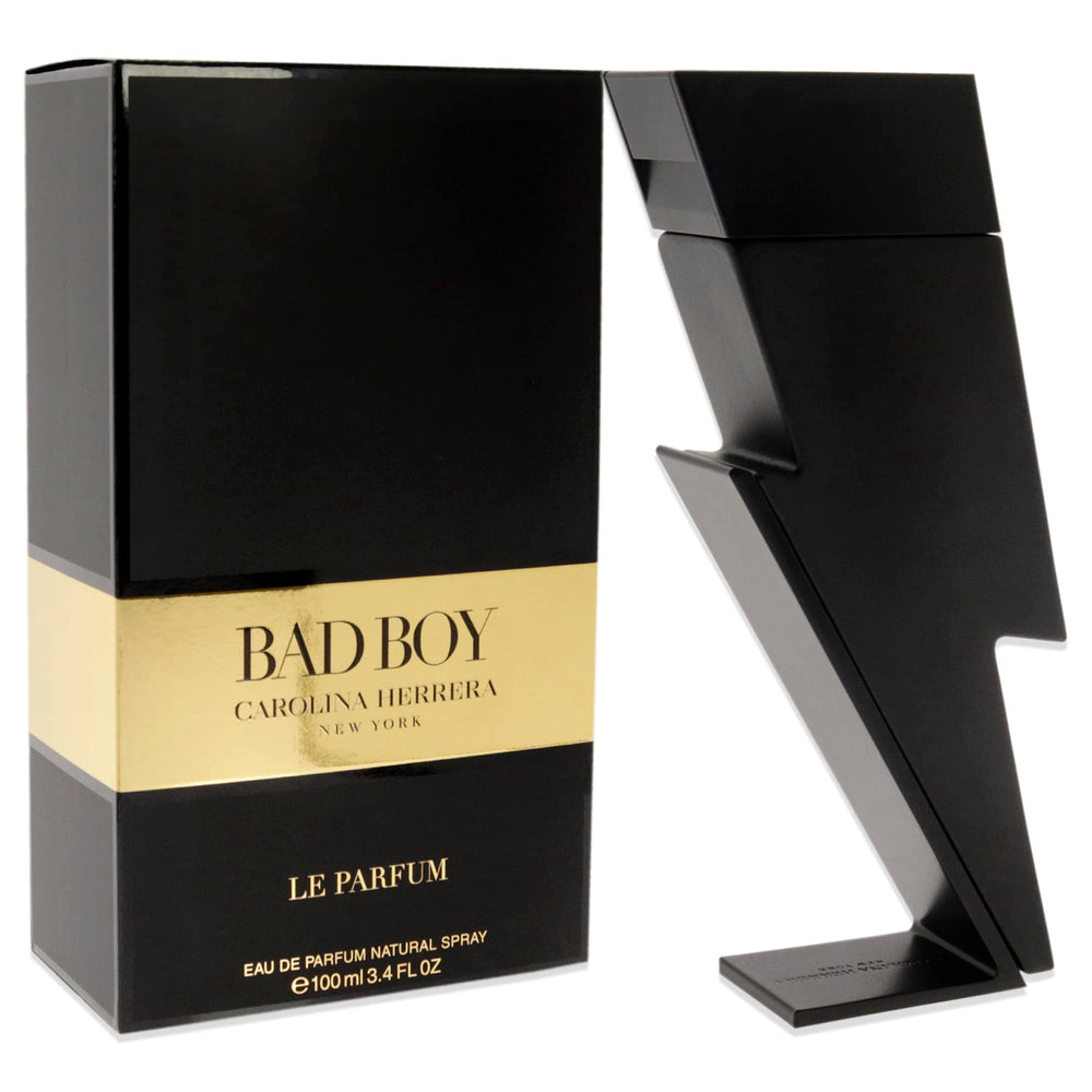 Carolina Herrera Bad Boy Le Parfum bottle angled to showcase sleek masculine silhouette.