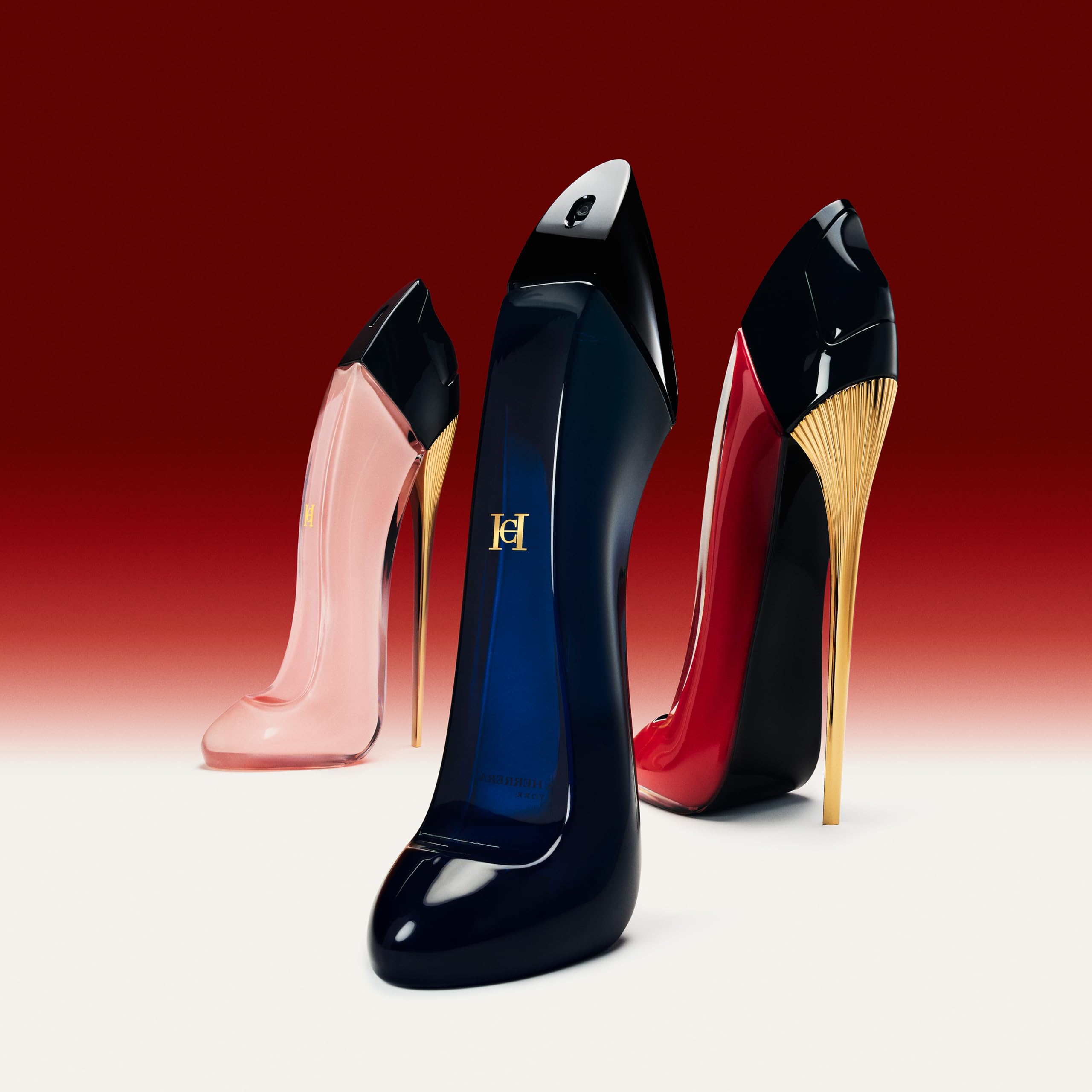 Carolina Herrera Good Girl bottle bathed in soft light for radiant, long-lasting impression.