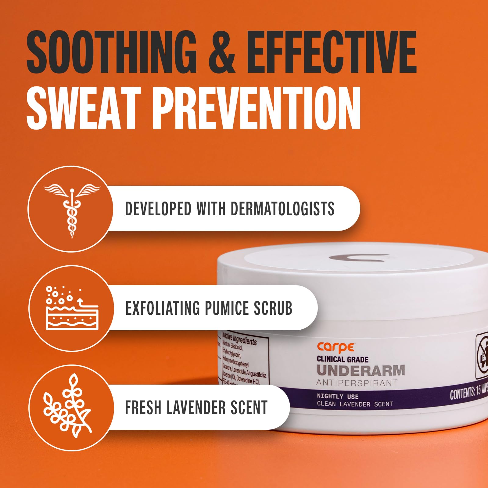 Carpe Clinical Grade Underarm Wipes closeup showing wipes texture and non-irritating formula.