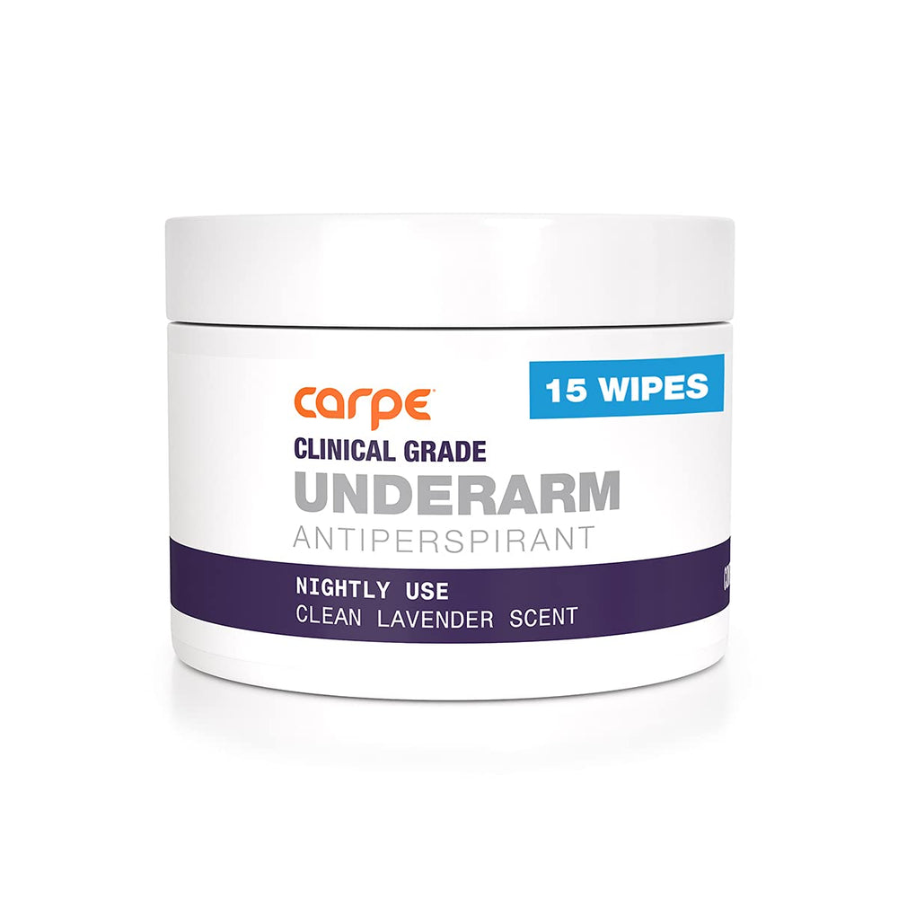 Carpe Clinical Grade Underarm Wipes pack shot highlighting odor control and premium branding.