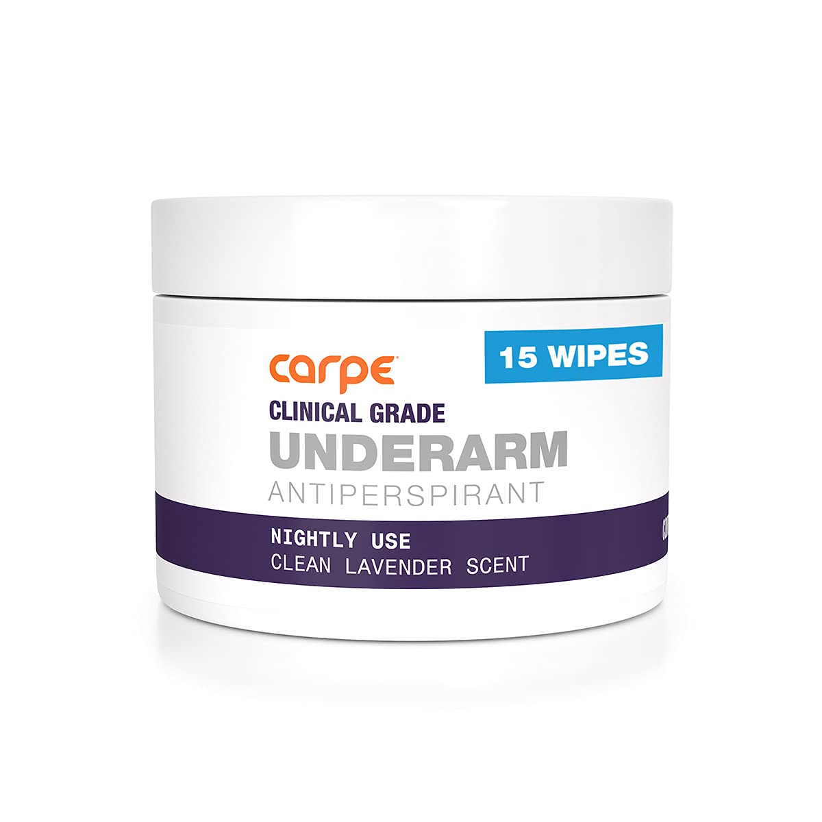 Carpe Clinical Grade Underarm Wipes pack shot highlighting odor control and premium branding.