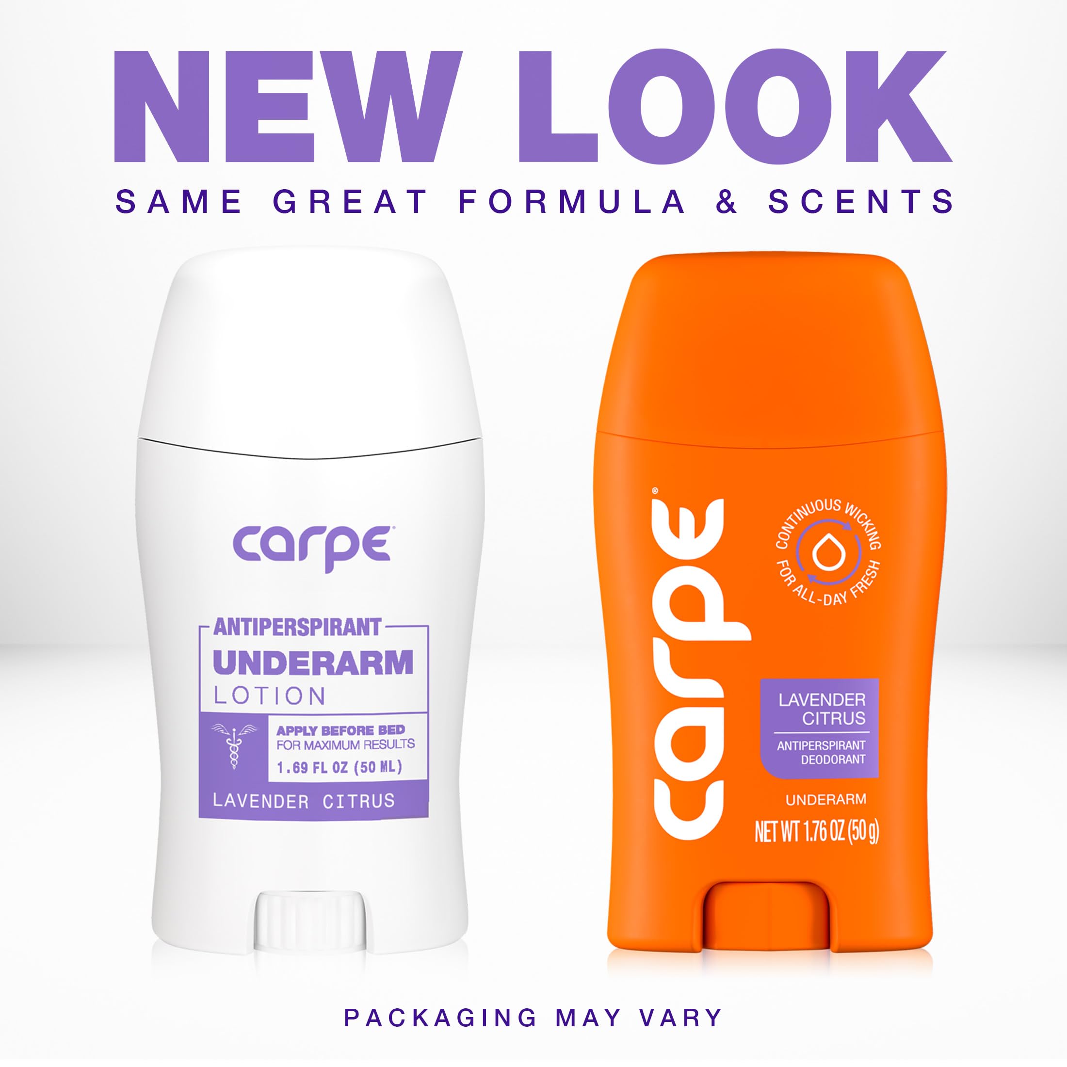 Carpe deodorant bottle packaging highlights advanced sweat protection and Lavender Citrus fragrance.