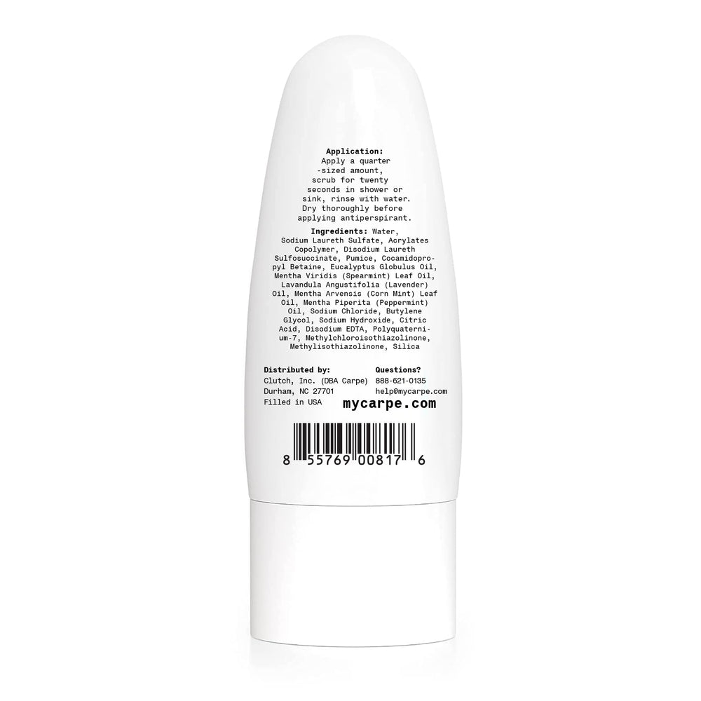 Carpe Underarm Scrub energizing mint visual suggests a refreshing daily ritual.
