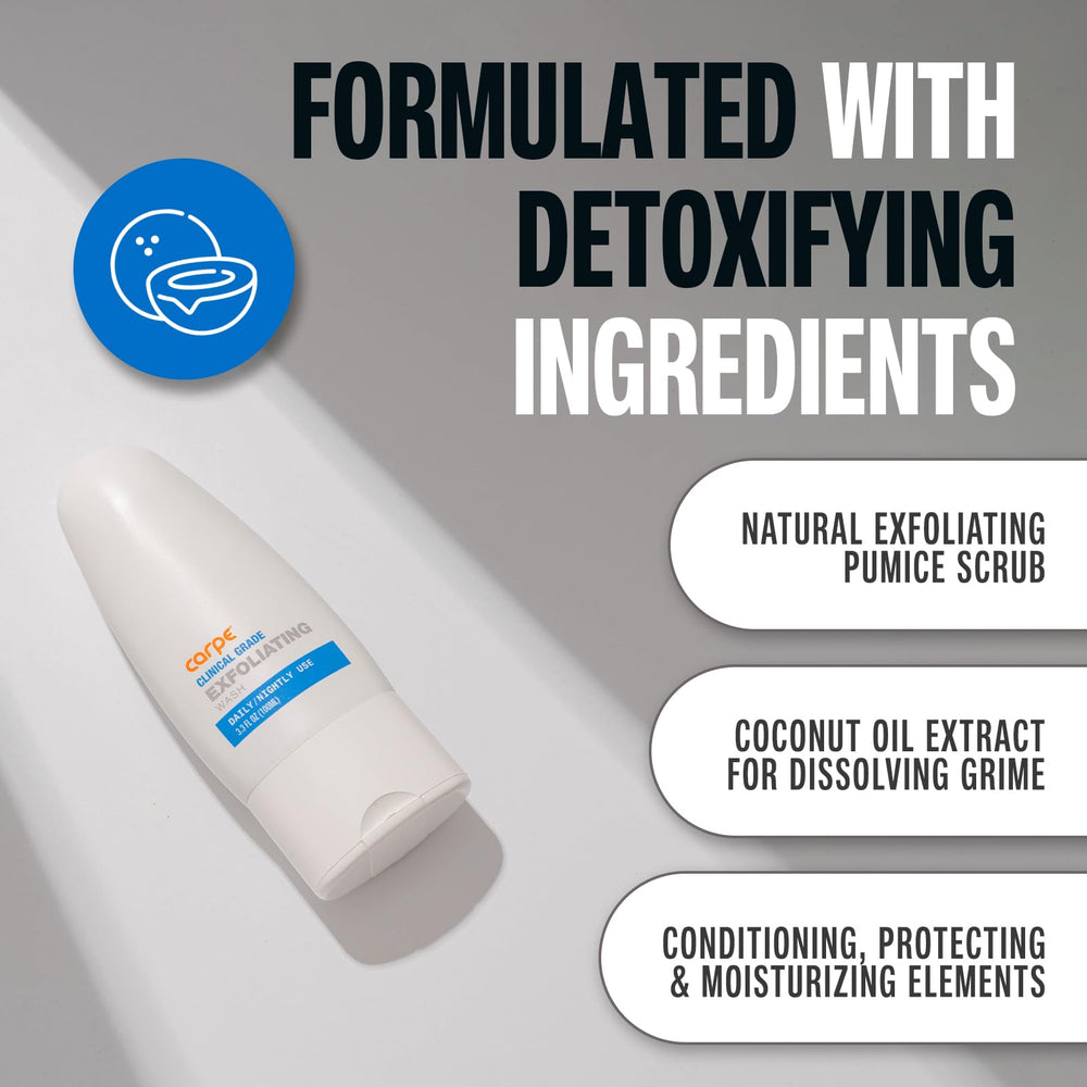 Carpe exfoliating underarm scrub ingredients close-up emphasizes coconut scrub and exfoliation.