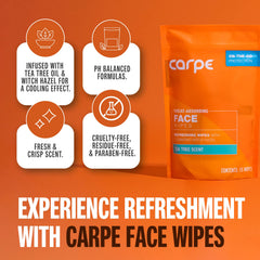 Carpe face wipes individually wrapped for easy, mess-free use anywhere.