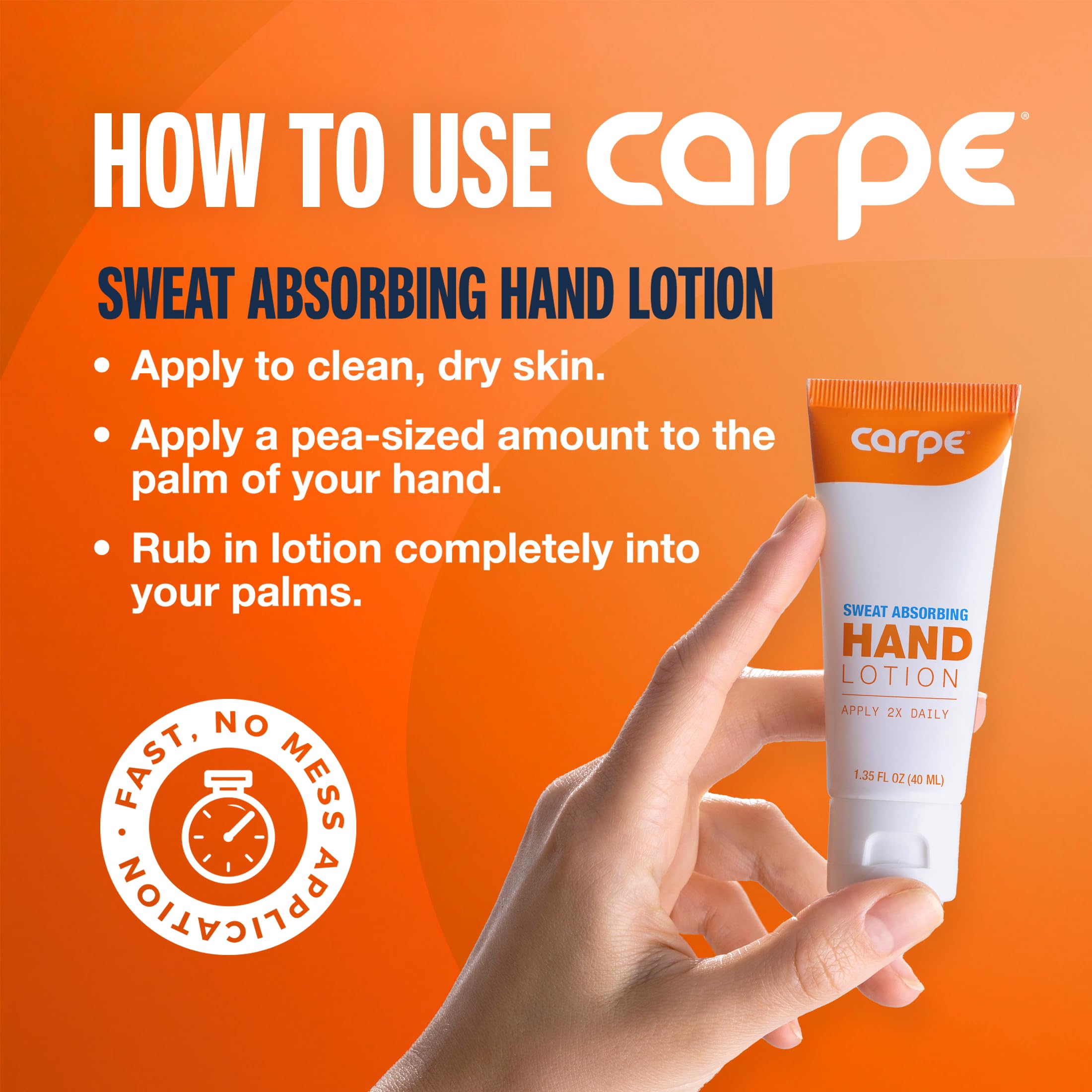 Carpe lotion applied to palm illustrating smooth glide and dry feel.