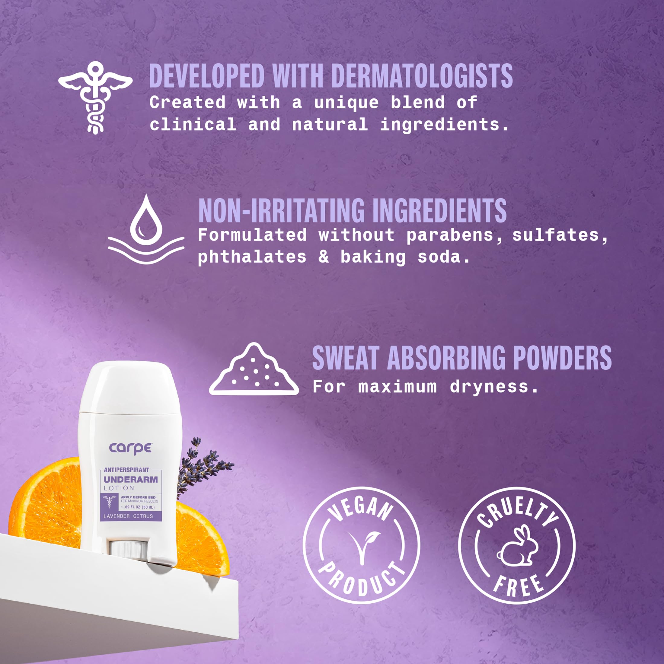 Carpe non-greasy quick-dry feel emphasizes a light, residue-free finish on skin.