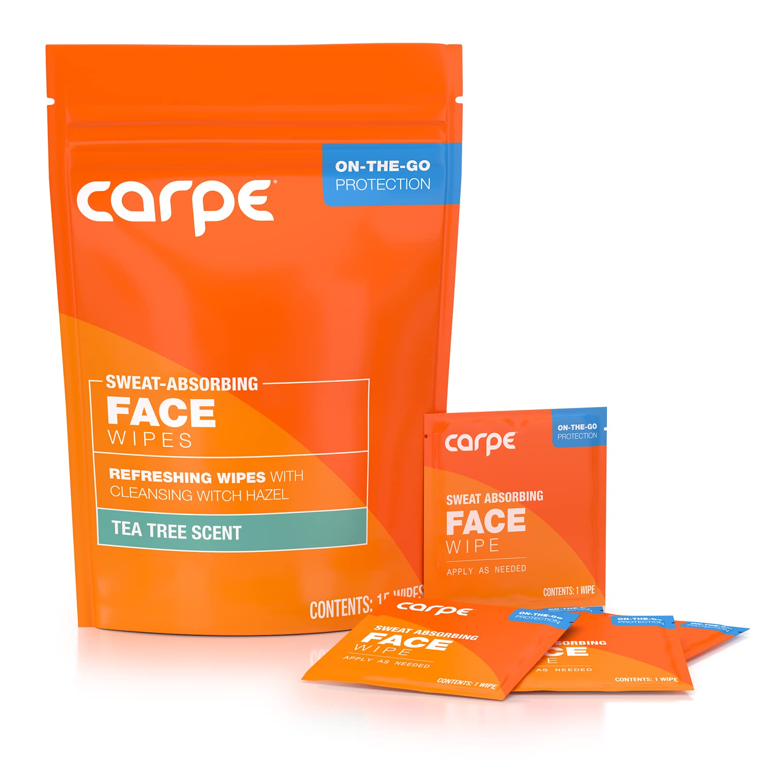 Carpe sweat absorbing face wipes packaging for on-the-go cleansing and oil control.