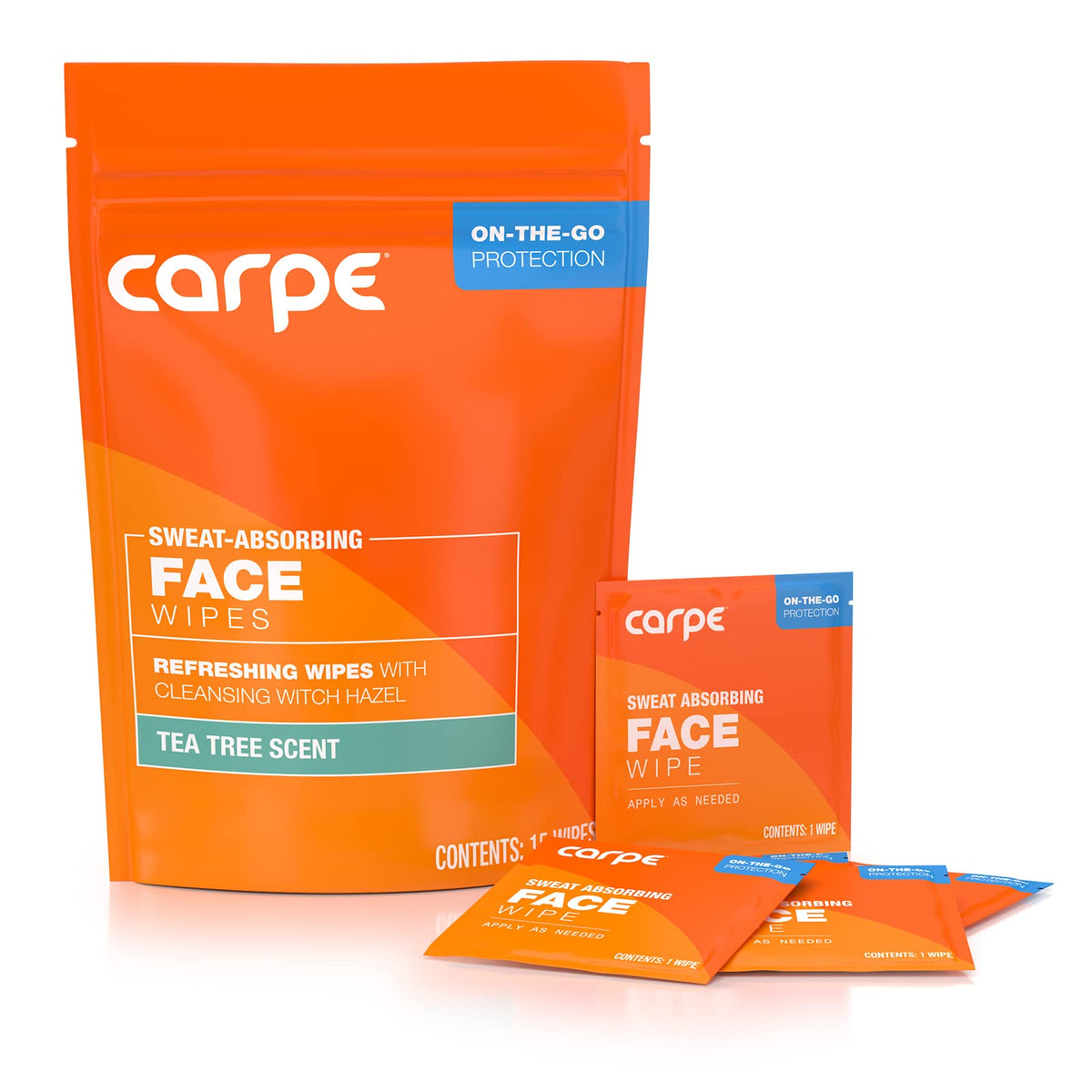 Carpe sweat absorbing face wipes packaging for on-the-go cleansing and oil control.