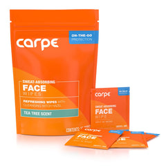 Carpe sweat absorbing face wipes packaging for on-the-go cleansing and oil control.