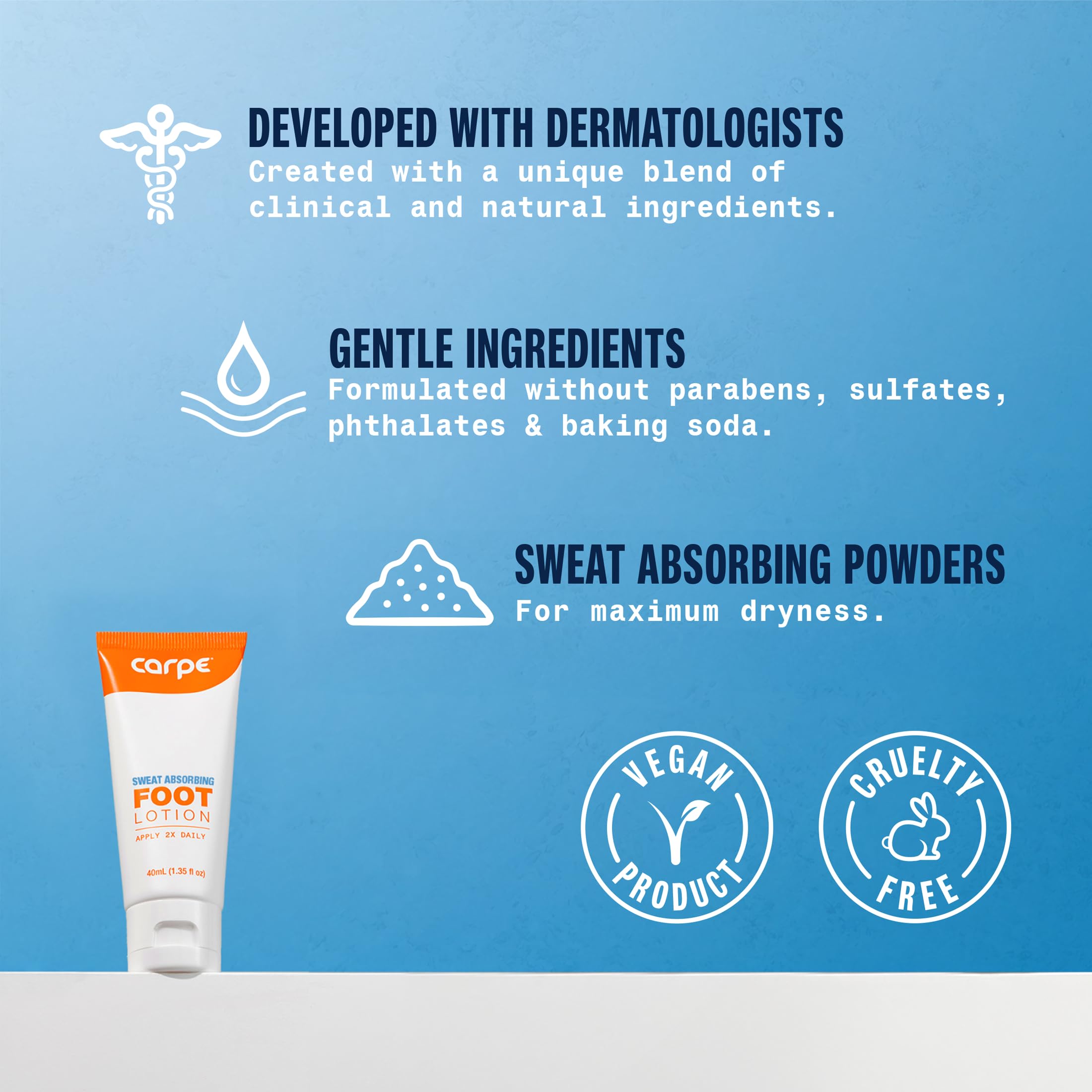 Carpe Sweat Absorbing Foot Lotion being applied to feet for odor control and dryness.