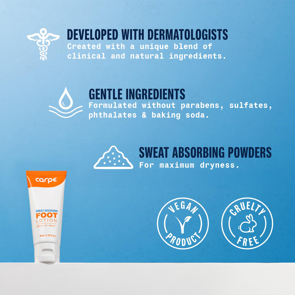 Carpe Sweat Absorbing Foot Lotion being applied to feet for odor control and dryness.