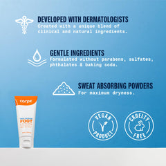 Carpe Sweat Absorbing Foot Lotion being applied to feet for odor control and dryness.