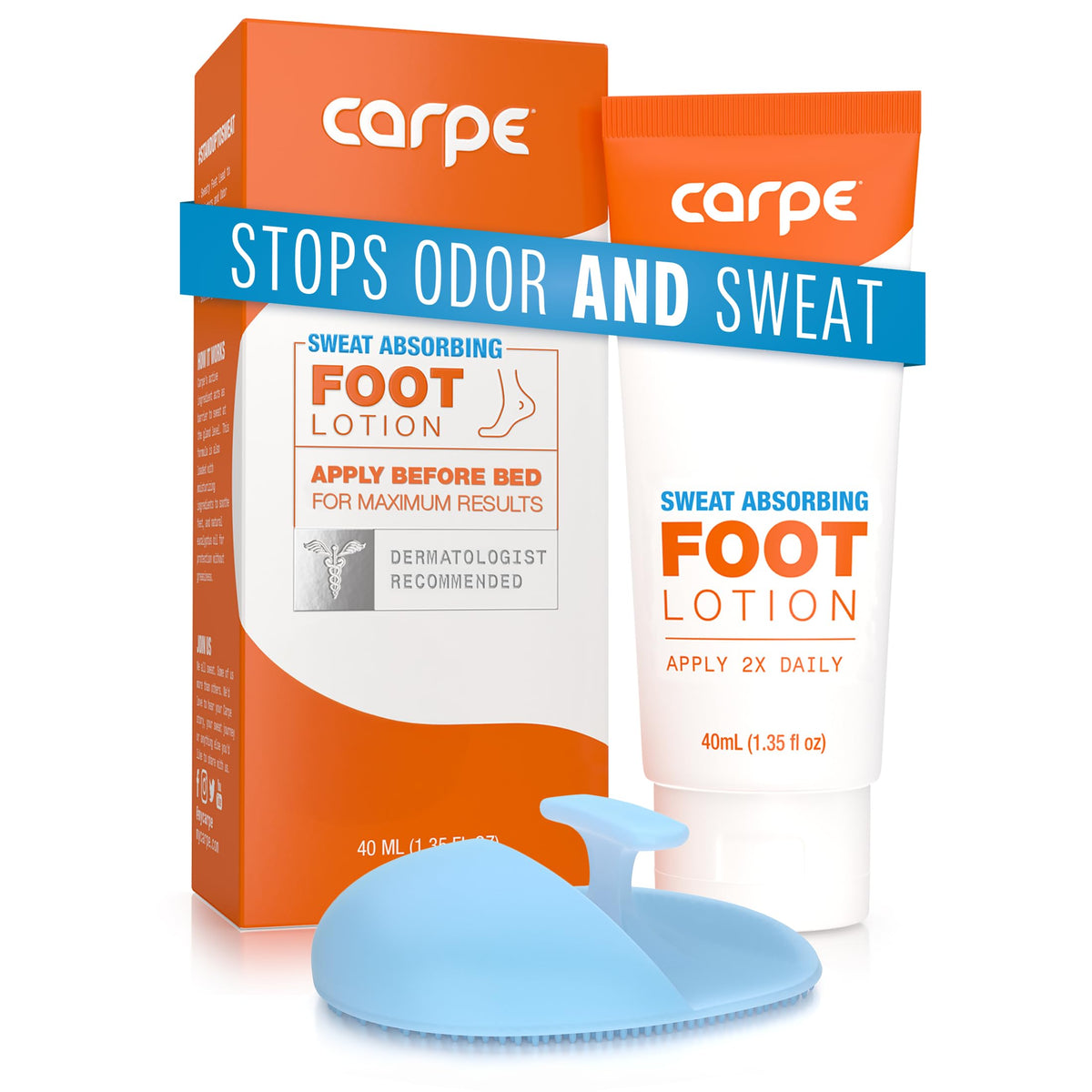 Carpe Sweat Absorbing Foot Lotion with Applicator demonstrates precise application for dry feet.