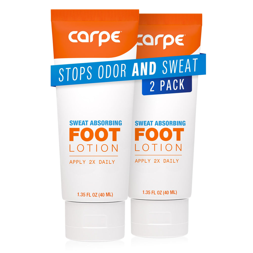 Carpe Sweat Absorbing Foot Lotion packaging shows sleek design for day-to-day foot care.