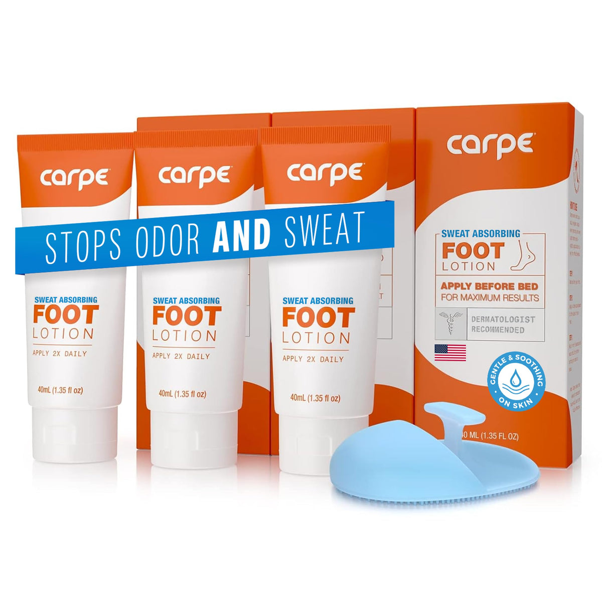 Carpe sweat-absorbing foot lotion tubes shown for dry feet and comfort