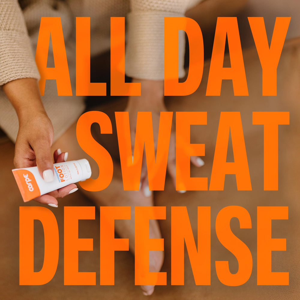 Carpe Sweat Absorbing Foot Lotion made in the USA packaging and bottle.