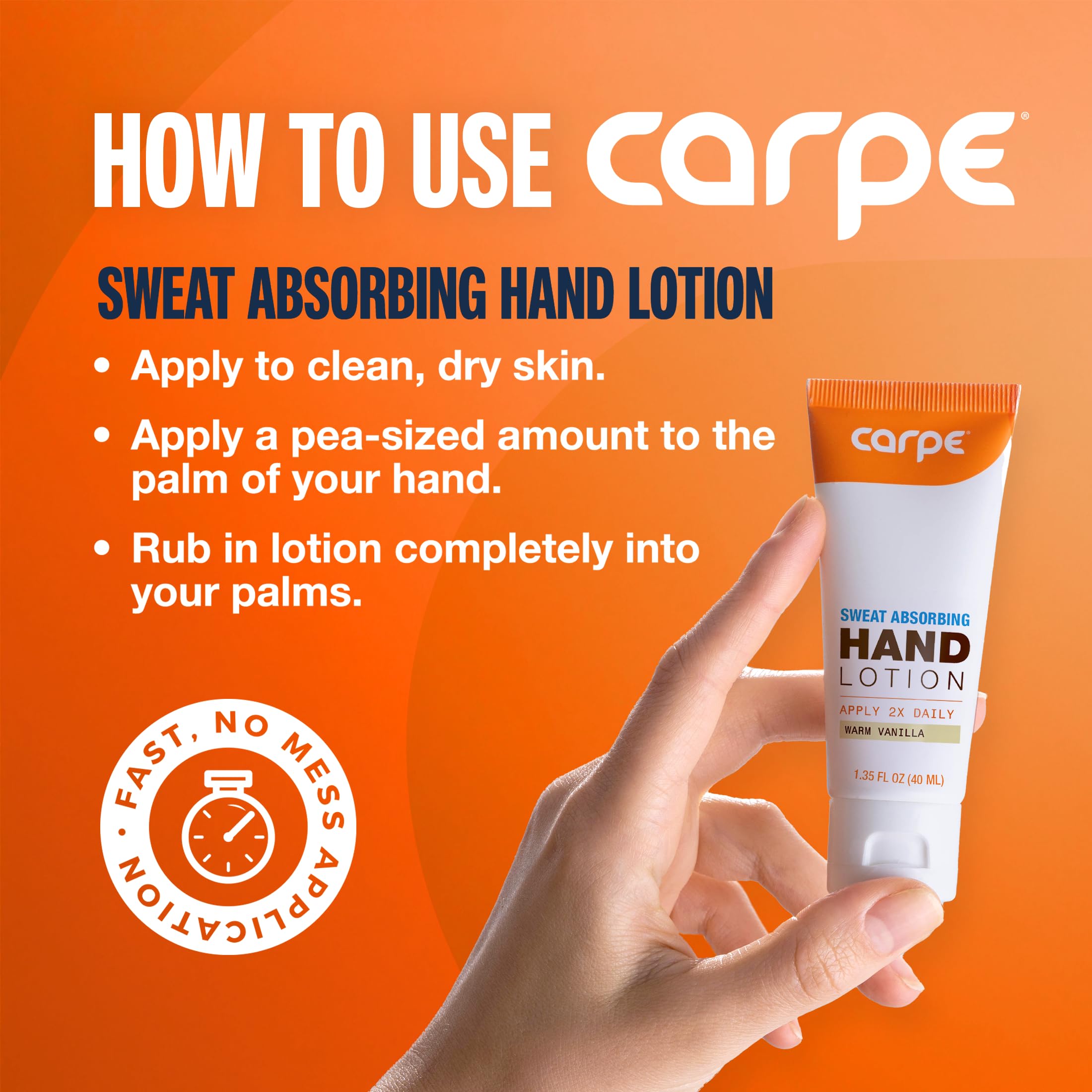 Hands applying Carpe lotion to reduce sweaty, clammy palms during daily tasks