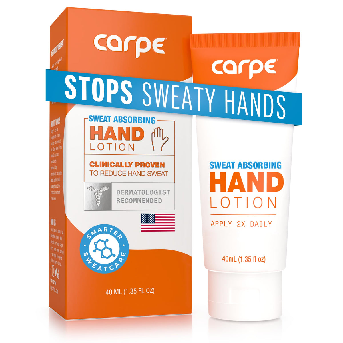 Carpe Sweat Absorbing Hand Lotion bottle front shows non-greasy, quick-drying formula.