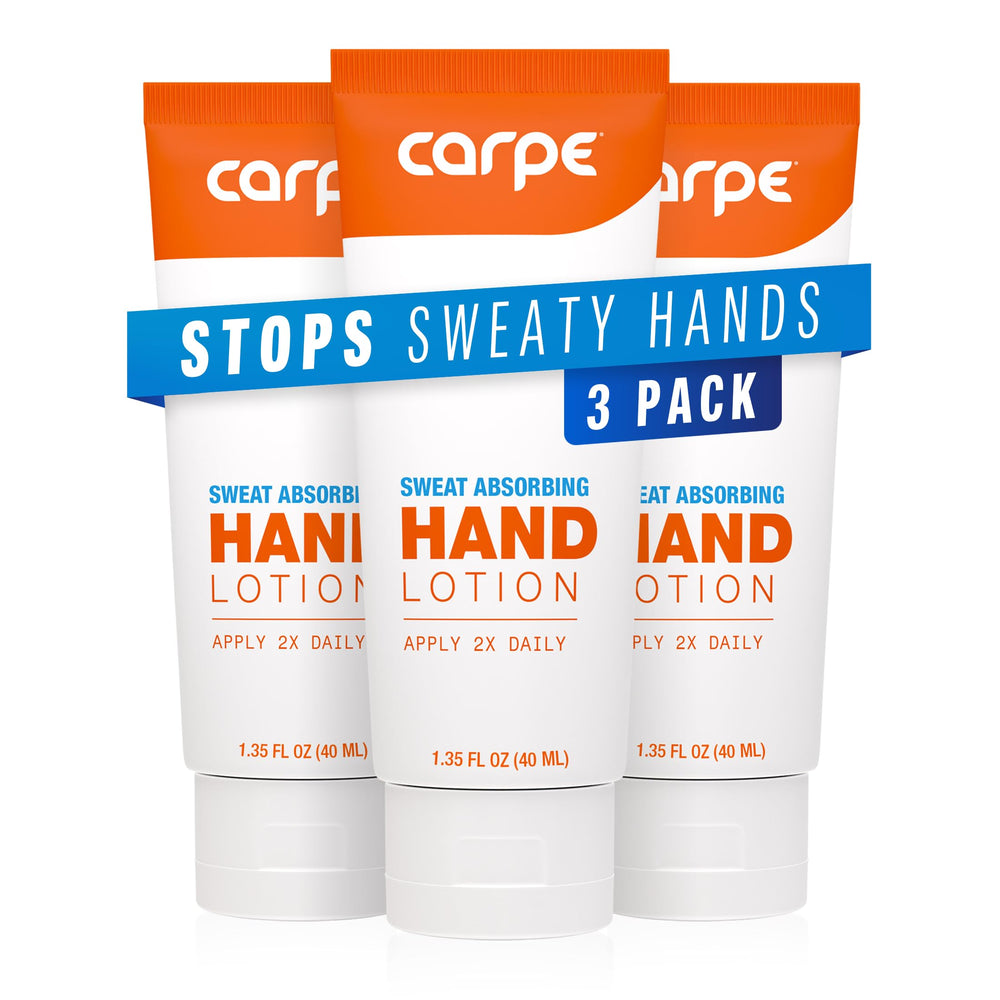 Carpe Sweat Absorbing Hand Lotion bottle front demonstrates quick-drying, non-greasy formula for dry hands.