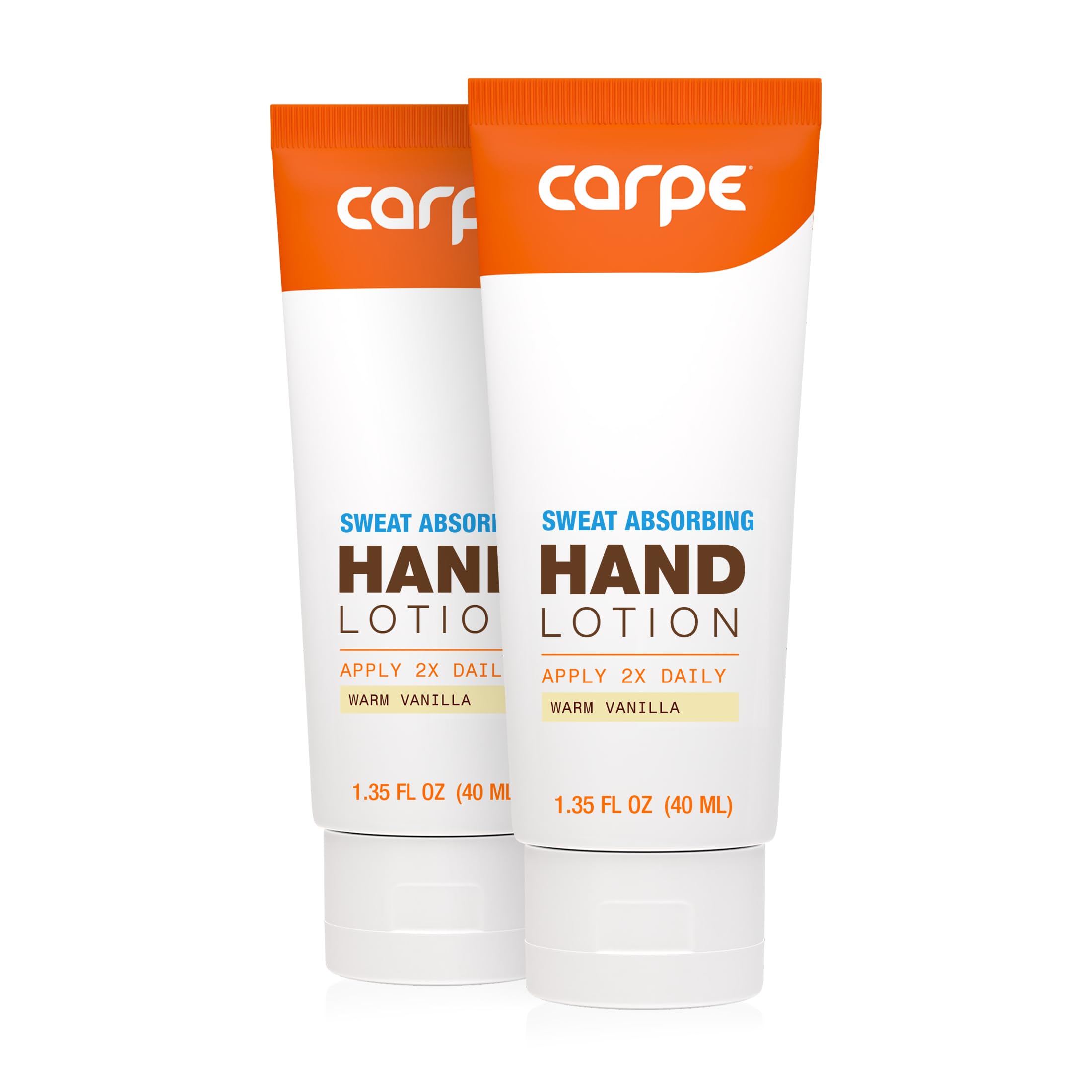 carpe sweat absorbing hand lotion front label highlights warm vanilla scent and two-pack convenience for dry hands