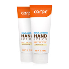 carpe sweat absorbing hand lotion front label highlights warm vanilla scent and two-pack convenience for dry hands
