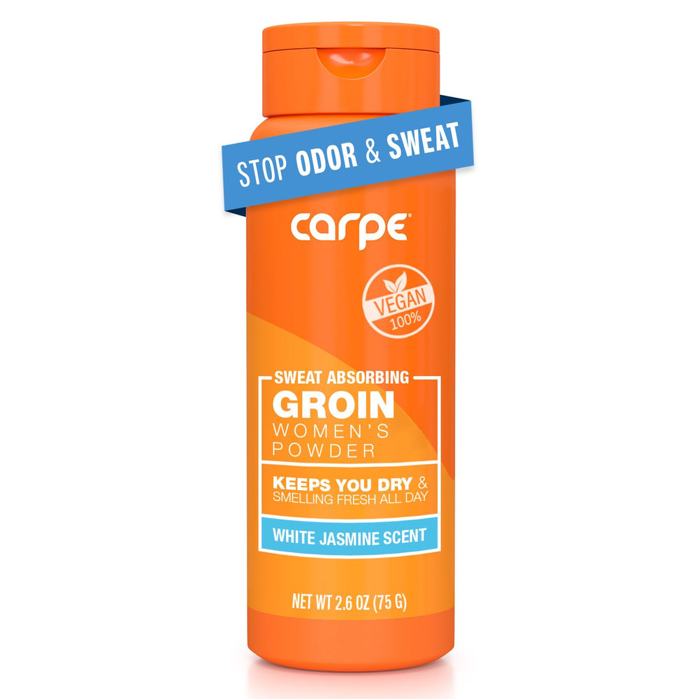 Carpe Sweat-Absorbing Powder application shows talc-free formula reducing chafing and moisture.