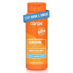 Carpe Sweat-Absorbing Powder application shows talc-free formula reducing chafing and moisture.