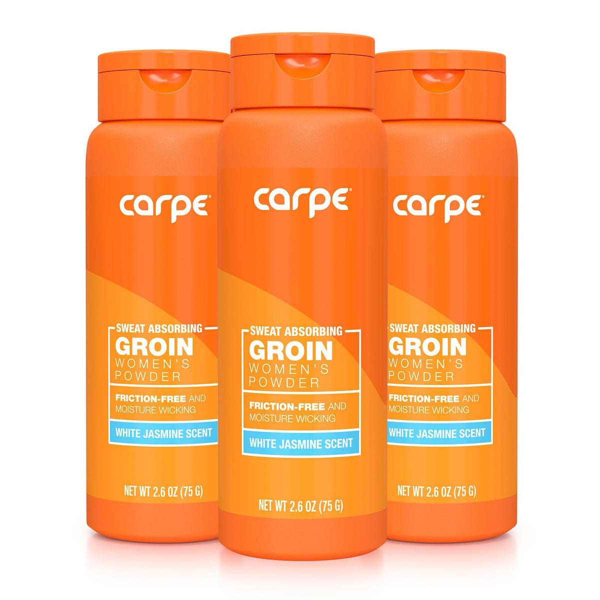 Carpe sweat absorbing powder packaging showcases talc-free formula for daily freshness and anti-chafing.