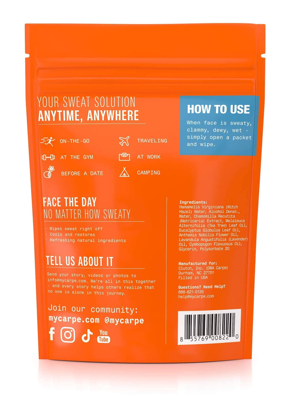Carpe wipes shown in a gym bag for quick cleanups during workouts or travel.