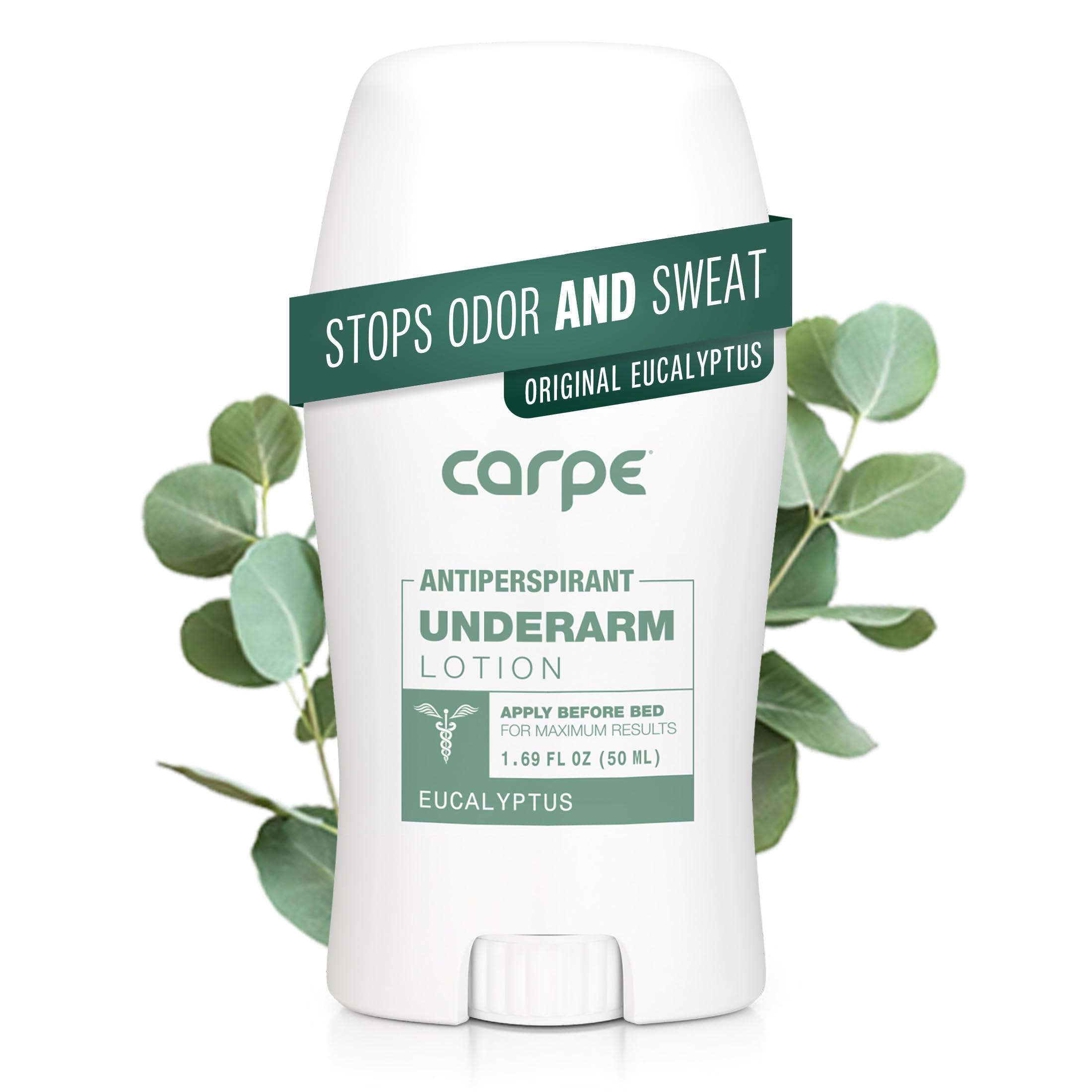 Carpe underarm antiperspirant bottle closeup showing clinical-strength protection.