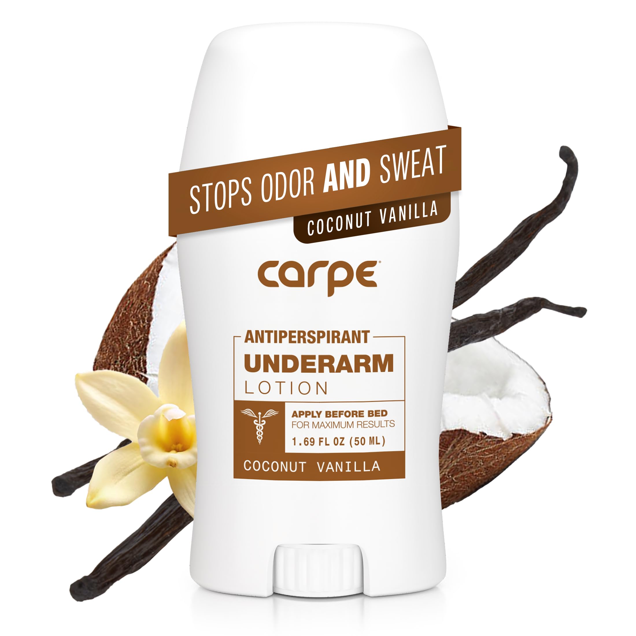 Carpe underarm antiperspirant lotion bottle with coconut-vanilla scent for all-day dryness.
