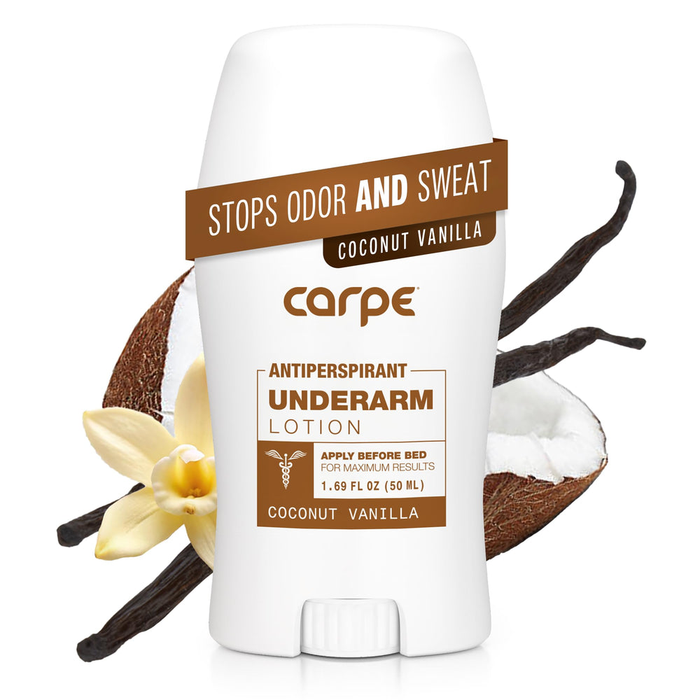 Carpe underarm antiperspirant lotion bottle with coconut-vanilla scent for all-day dryness.