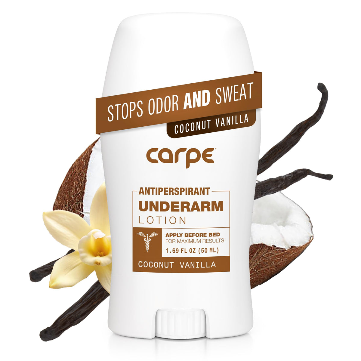 Carpe underarm antiperspirant lotion bottle with coconut-vanilla scent for all-day dryness.