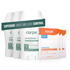 Carpe underarm antiperspirant tube closeup shows smooth, quick-dry application for daily dryness.
