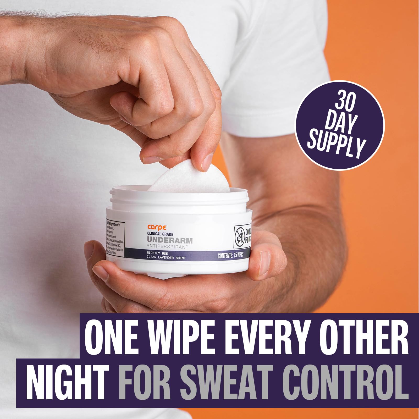 Carpe Underarm Wipes night-application demonstrating nighttime use before bed.