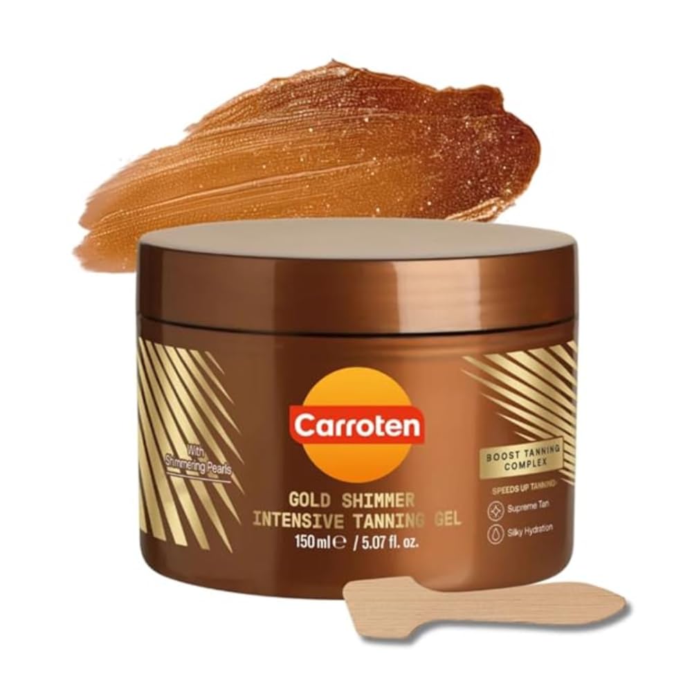 Carroten Gold Shimmer Tanning Gel bottle highlights easy application for a streak-free bronze.