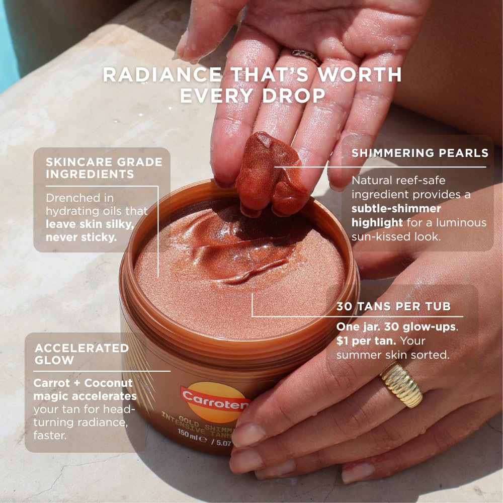 Carroten carrot oil visual hint highlights nourishing tanning experience.