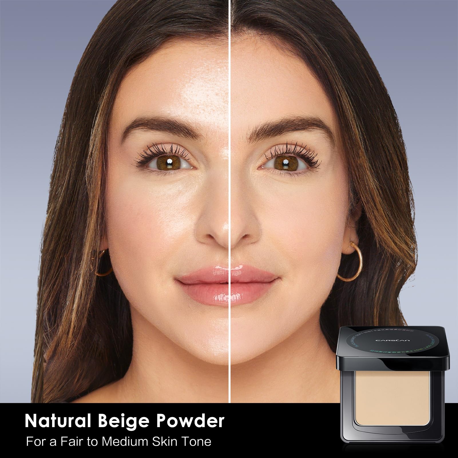 CARSLAN powder texture close-up shows ultra-fine particles for pore-minimizing finish.