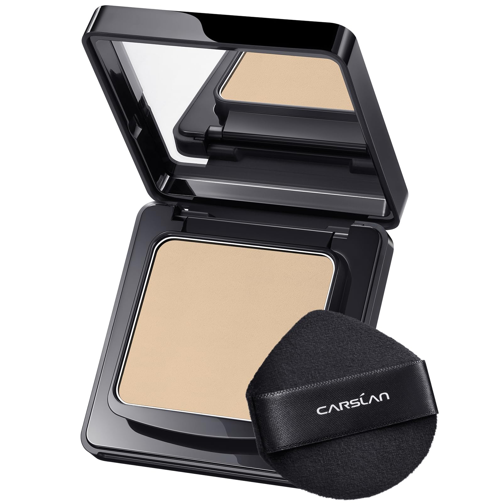 CARSLAN 1.0 waterproof pressed powder compact with mirror for quick on-the-go touch-ups.