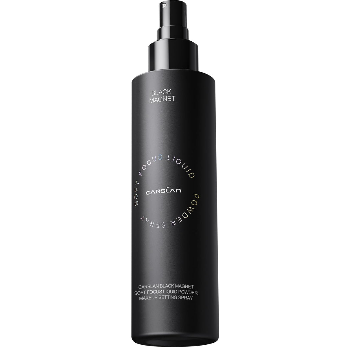 CARSLAN Black Magnet setting spray bottle close-up shows matte finish and long wear.