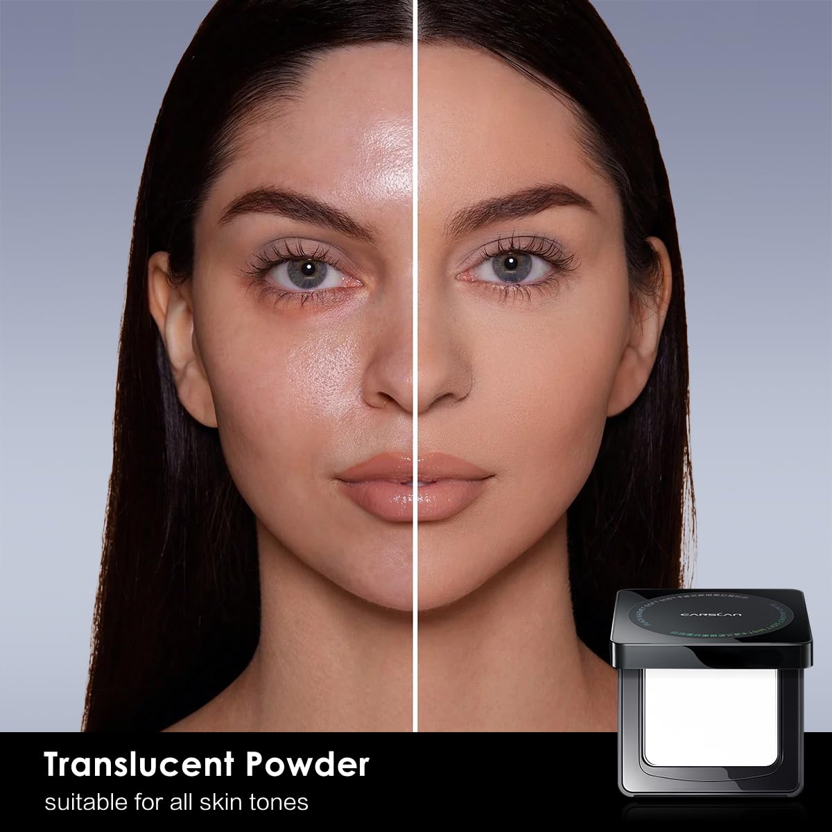 CARSLAN translucent powder compact with mirror for a seamless matte base makeup.
