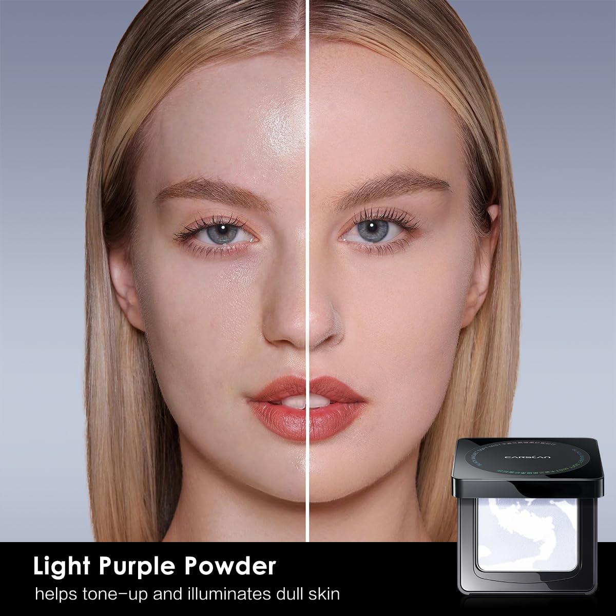 CARSLAN waterproof face pressed powder compact open with mirror for on-the-go touchups.