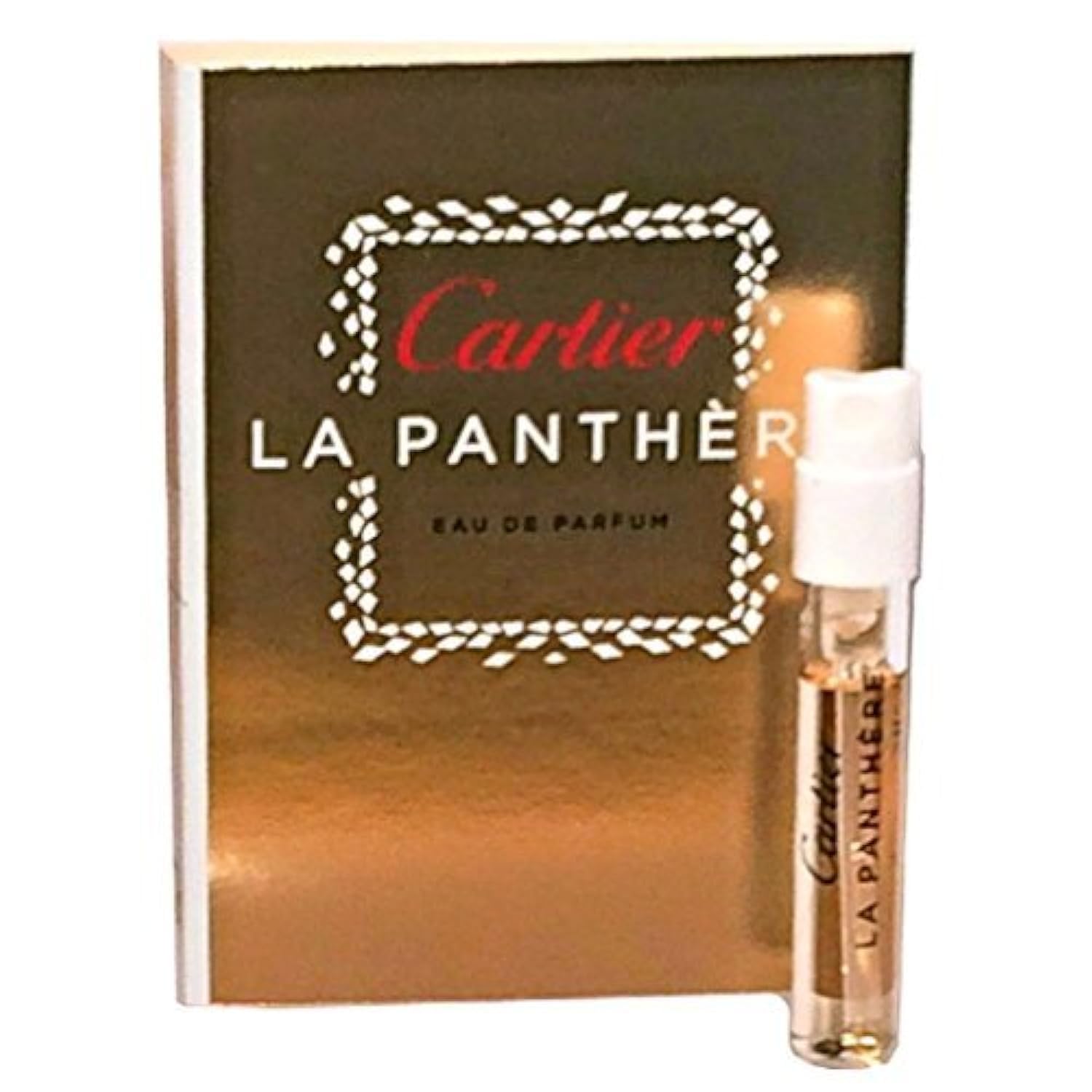 Cartier La Panthere vial close-up highlights travel-friendly fragrance for on-the-go style.