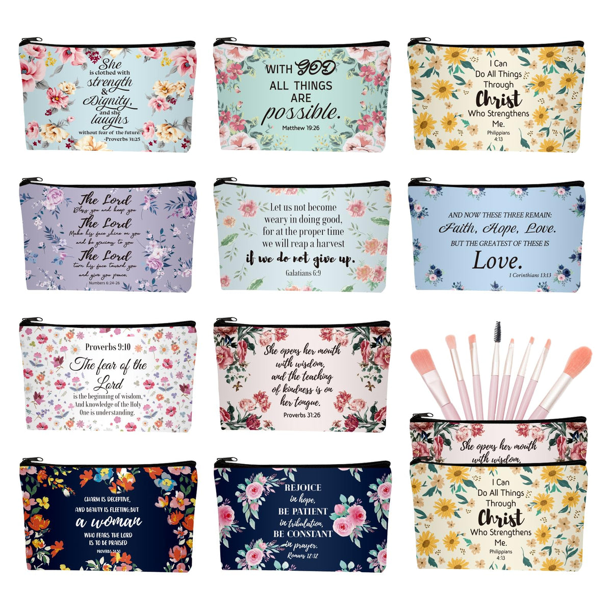 CasaPopz Christian makeup bag with Bible verse and floral design for daily inspiration.