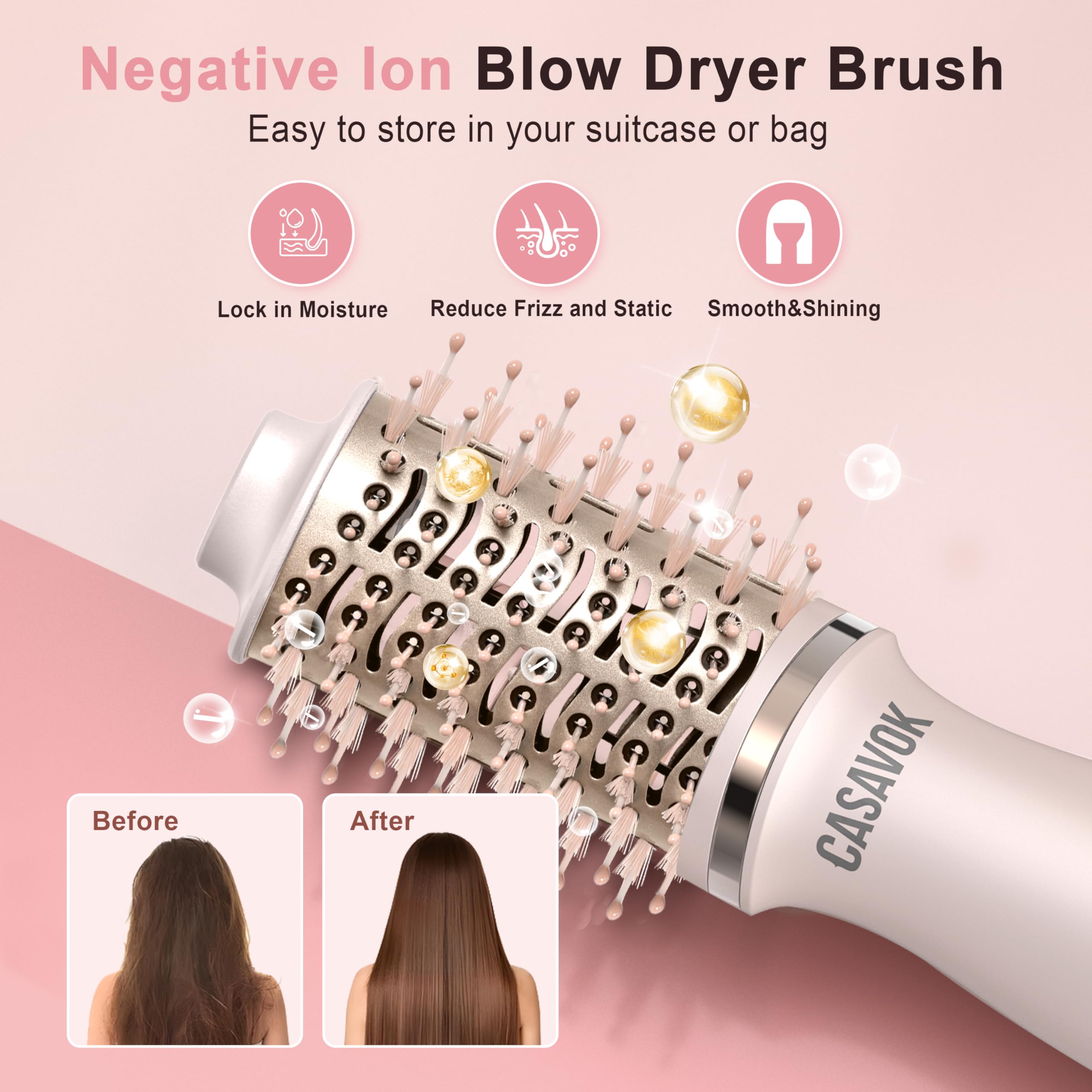 Casavok pink dual-voltage brush with adapters supports global styling.