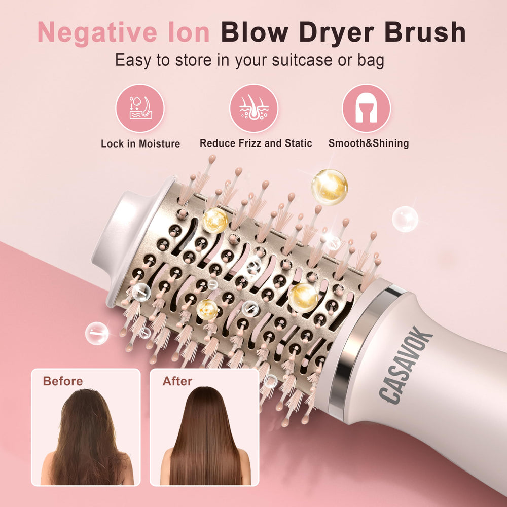 Casavok pink dual-voltage brush with adapters supports global styling.